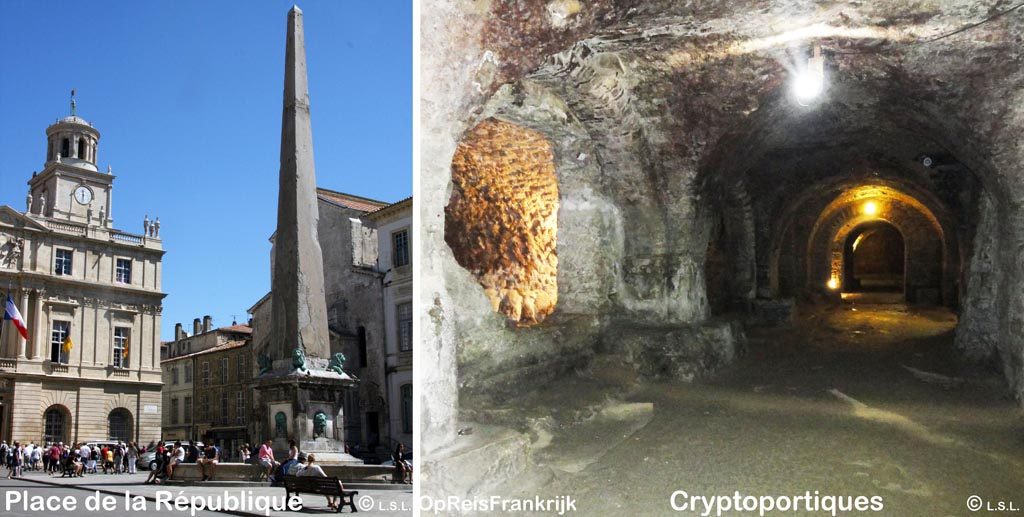 Arles; Place de la République; obelisk en Cryptoportiques